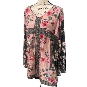 Johnny Was 100% Silk Tunic Blouse Women’s L Flowy Lagenlook Pink Gray Floral EUC